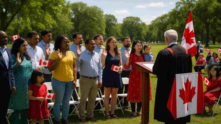 A diverse group of people taking the Canadian Oath of Citizenship during an outdoor ceremony at a park, holding Canadian flags, with an officiant standing at a podium decorated with a large Canadian flag.