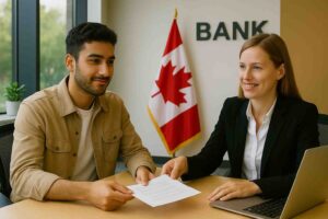 Un jeune homme immigré est assis dans un bureau de banque au Canada, souriant tandis qu’il remet un document à une conseillère bancaire. Derrière eux, un drapeau canadien est visible, ainsi que le mot "BANK" sur le mur. L’ambiance est professionnelle et accueillante.