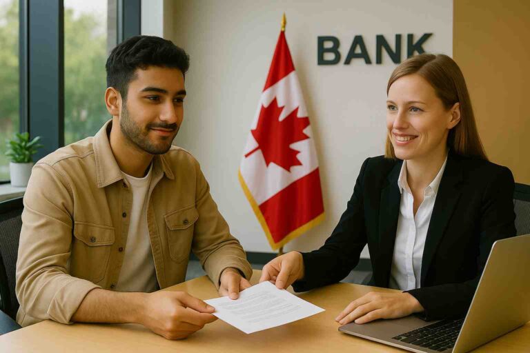 Un joven inmigrante se sienta frente a una representante bancaria en una oficina moderna de un banco en Canadá. Ambos sonríen mientras revisan un documento juntos. Al fondo se ve una bandera canadiense y la palabra “BANK” en la pared.