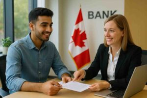 A newcomer to Canada smiles while opening a bank account with the help of a professional bank representative. They sit together at a desk, reviewing documents, with a Canadian flag and the word "BANK" visible in the background.